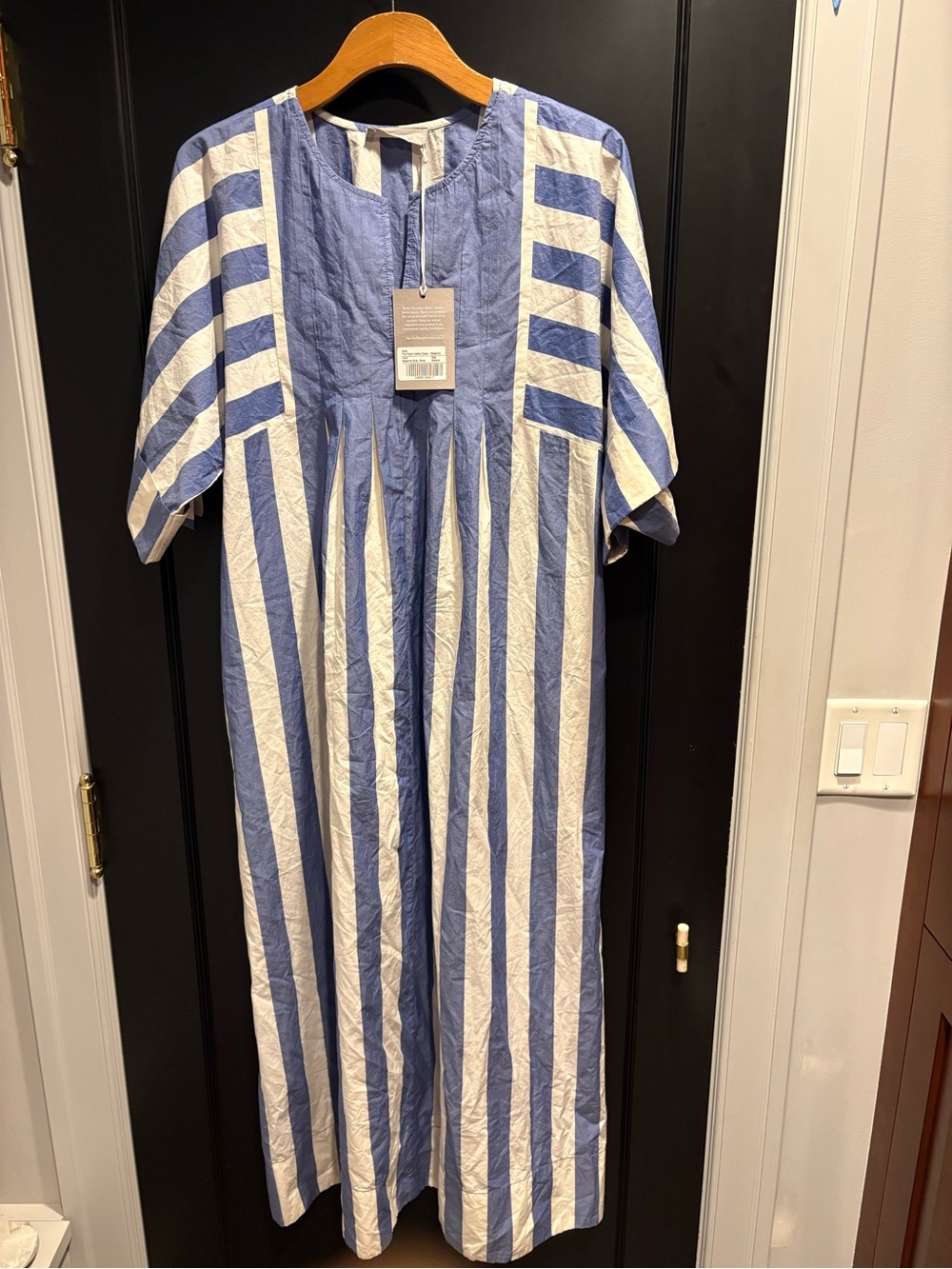 Everlane Blue White Striped poplin maxi caftan with pleats nwt m has pockets - Picture 2 of 13